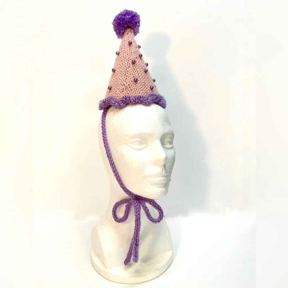 NWT Hand Knit Pink and Purple Party Hat with Faux Pearls One Size Fits Most